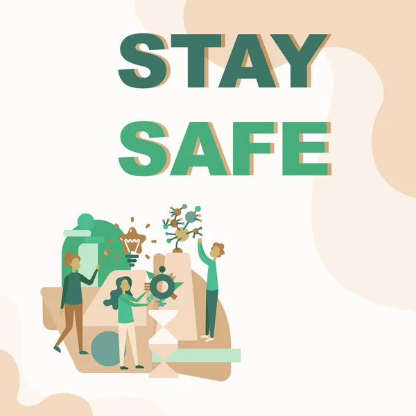 Text caption presenting Stay Safe. Word Written on secure from threat of danger, harm or place to keep articles Three Collagues Illustration Practicing Hand Crafts Together. — Fotografia de Stock