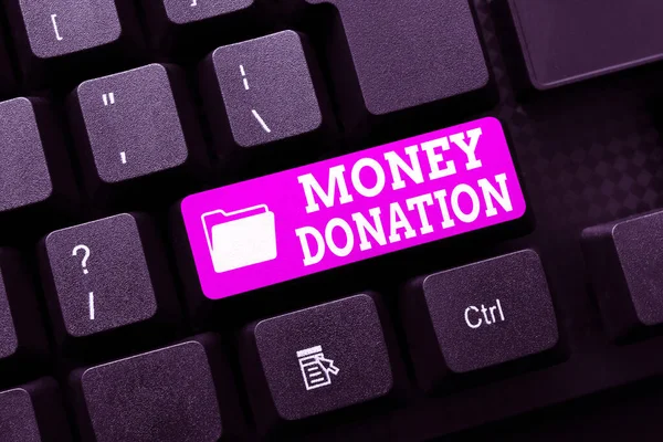 Exhibición conceptual Donación de dinero. Palabra para una ayuda de caridad en una forma de dinero en efectivo ofrecido a una asociación Resumen Proceso de registro en línea, escribiendo información personal — Foto de Stock
