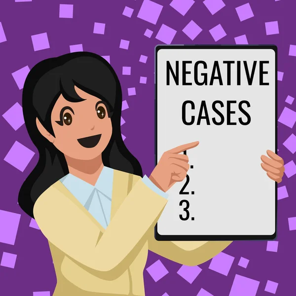 Writing displaying text Negative Cases. Word for circumstances or conditions that are confirmed to be false Business Woman Drawing Holding Blank White Board Presenting Announcements — Foto Stock