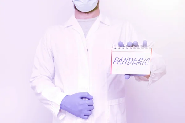 Hand writing sign Pandemic. Concept meaning occurring over a wide area affecting high proportion of population Scientist Presenting New Research, Chemist Planning Advance Procedures — Stockfoto