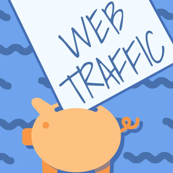 Konceptuell visning Web Traffic. Affärsöversikt mängd webbanvändare och försök besök mätt av en webbplats Piggy Bank Ritning med stora ark av papper fast i hålet. — Stockfoto