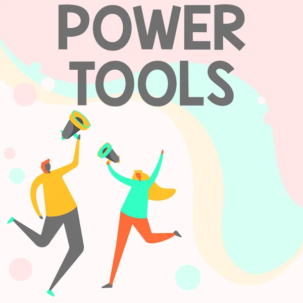 Text sign showing Power Tools. Conceptual photo tools powered by an electric motor mostly used for manual labor Illustration Of Partners Jumping Around Sharing Thoughts Through Megaphone. — Stock Photo, Image