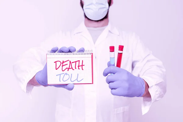 Text s inspirací Death Toll. Internet Koncepce počtu úmrtí v důsledku konkrétního incidentu Vědec představující nový výzkum, Chemist Planning Advance Procedures — Stock fotografie