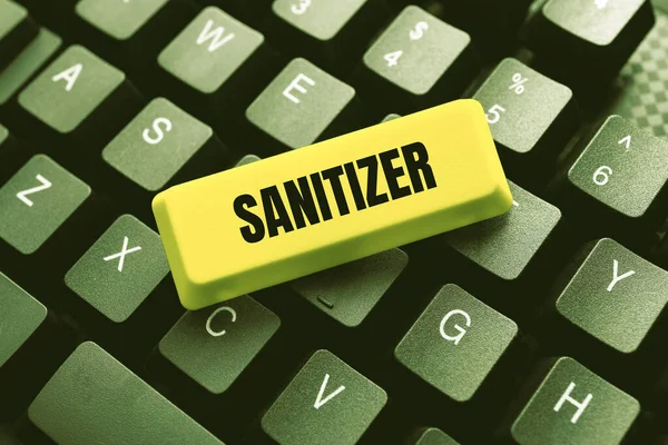 Writing displaying text Sanitizer. Internet Concept liquid or gel generally used to decrease infectious agents Typing Online Website Informations, Editing And Updating Ebook Contents — Stockfoto