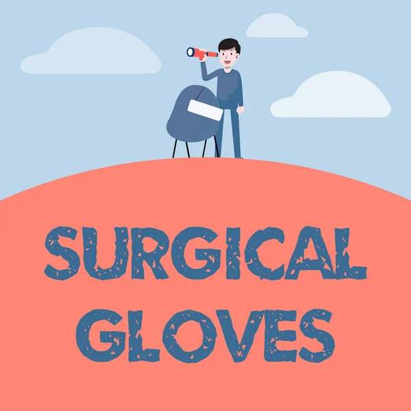 Writing displaying text Surgical Gloves. Business concept to protect from the exposure to infectious materials Man Binoculars Illustration Standing Chair With Sign Looking Opportunities. — Stockfoto