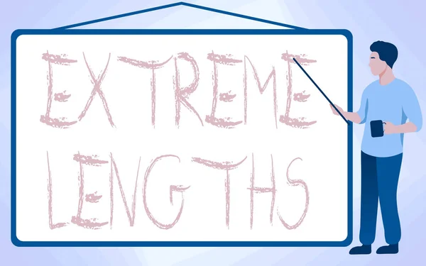 Leyenda conceptual Longitudes extremas. Concepto que significa Haga un gran esfuerzo o extremo para hacer algo mejor Instructor de escuela Dibujo Señalando Pizarra Blanca Mientras sostiene la Copa. — Foto de Stock