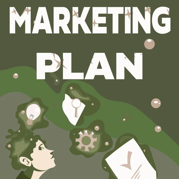 Text sign showing Marketing Plan. Internet Concept overall business strategy formed which they will implement Illustration Of A Man Standing Coming Up With New Amazing Ideas — Stockfoto