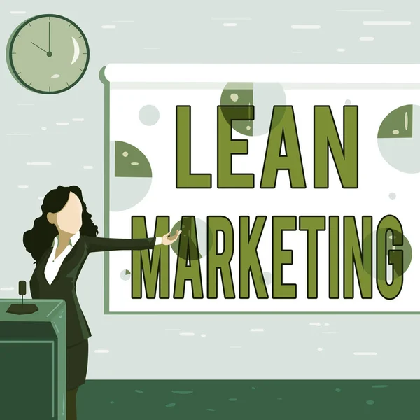 Текстовий знак, що показує Lean Marketing. Концепція бізнесу, що відповідає за тестування стратегії роздрібної торгівлі та місця, яка працює з експертами Lady Drawing Standing Holding Project Remote Control Представляючи чарт — стокове фото