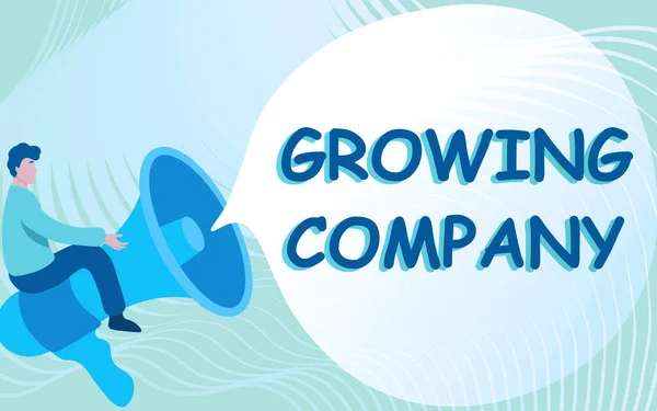 Text caption presenting Growing Company. Word for a business firm that is still undergoing a development Gentleman Drawing Riding Big Megaphone Showing Speech Bubble. — Stockfoto