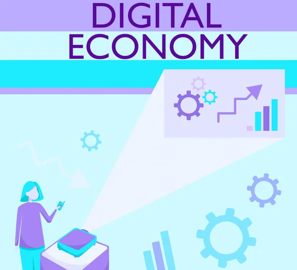 Hand writing sign Digital Economy. Word for advancement of economy built using modern technology Lady Standing Holding Projector Remote Control Presenting Graph Growth. — Stockfoto