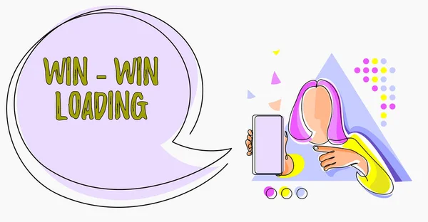 Text showing inspiration Win win Loading. Word Written on advantageous or satisfactory to all parties involved Line Drawing For Lady Holding Phone Presenting New Ideas With Speech Bubble. — Stockfoto