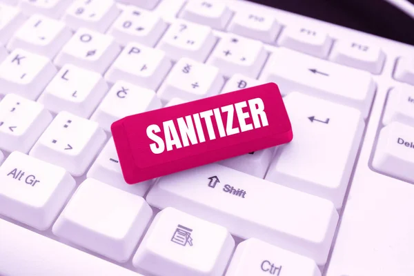 Conceptual caption Sanitizer. Word for liquid or gel generally used to decrease infectious agents Browsing Online Transaction History, Creating Organized File System — Stockfoto