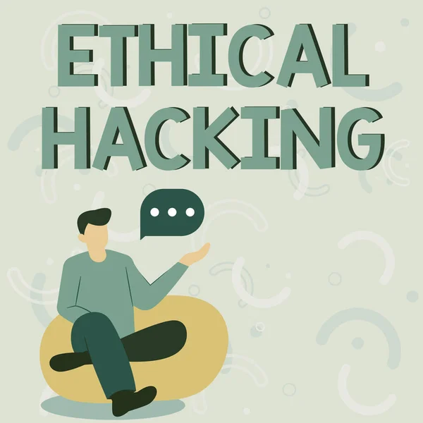 Conceptual display Ethical Hacking. Business approach a legal attempt of cracking a network for penetration testing Illustration Of Businessman Sitting On Soft Sofa Chair Talking. — Fotografia de Stock