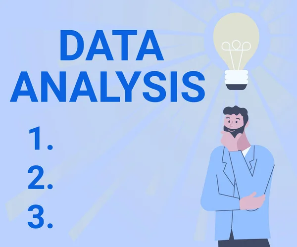 Writing displaying text Data Analysis. Conceptual photo Business intelligence and analytics with a new startup project discussion Illustration Of A Man Standing Coming Up With New Amazing Ideas. — Stockfoto