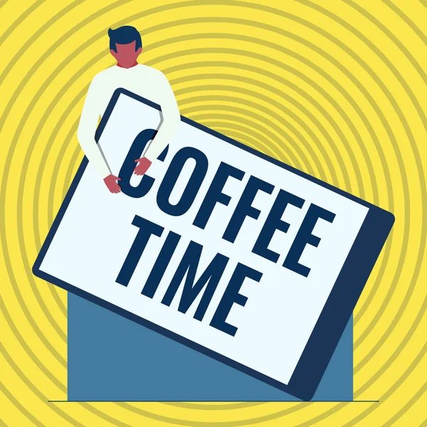 显示咖啡时间的文字标志。商务理念：一杯咖啡，喝上一杯，绅士拿着一块巨大的空白剪贴板画画. — 图库照片
