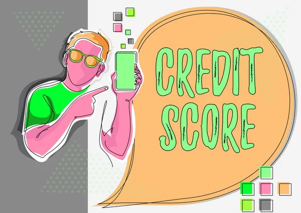 Texte d'inspiration Credit Score. Mot écrit sur l'expression numérique qui indique une personne s est la solvabilité ligne dessin pour Guy tenant téléphone présentant de nouvelles idées avec bulle de parole. — Photo