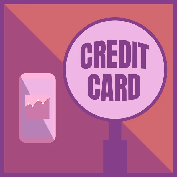 クレジットカードが表示されます。大型拡大鏡の横にあるアクティブスマートフォンのイラスト. — ストック写真