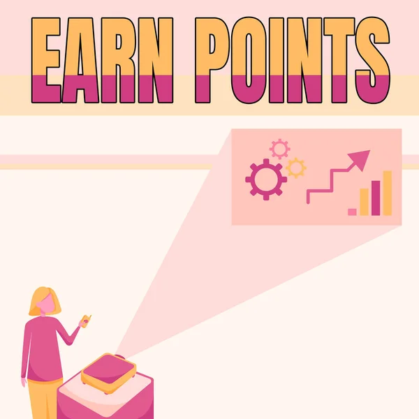 Writing displaying text Earn Points. Word Written on a fund rewarded automatically after purchasing any product Lady Standing Holding Projector Remote Control Presenting Graph Growth. — Fotografia de Stock