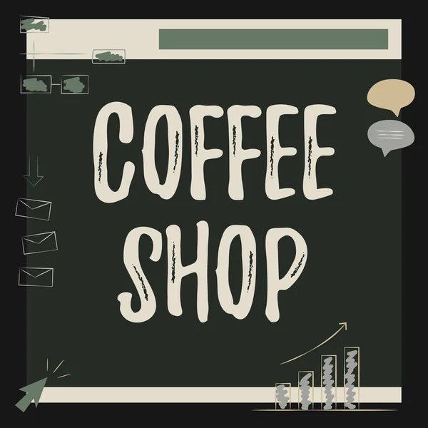 Inspiráció mutatja jel kávézó. Szó egy étterem, amely elsősorban kávét szolgál fel, és könnyű ételek illusztrációja fórumon üzenetküldés és keresés fejlesztések. — Stock Fotó