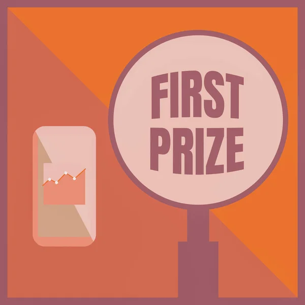 Text sign showing First Prize. Business showcase most coveted prize that is only offered to the overall winner Illustration Of Active Smartphone Beside A Large Magnifying Glass. — 图库照片