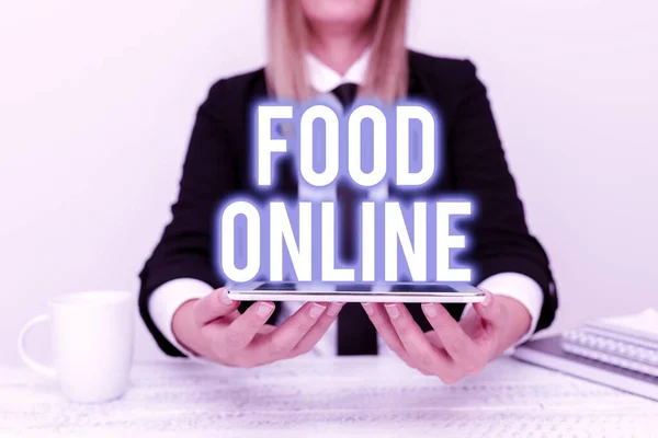 Inspiration showing sign Food Online. Business idea variety of food set up in a website directly delivered by store App Developer Presenting New Program, Displaying Upgraded Device — 图库照片