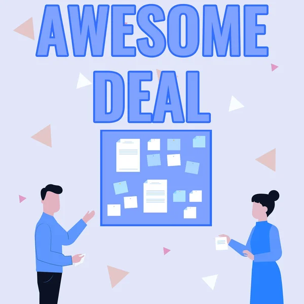 Text sign showing Awesome Deal. Word for impressive agreement given to other party for mutual benefit Illustration Of Couple Presenting Ideas Holding Notes Sticking On Boards. — Foto Stock