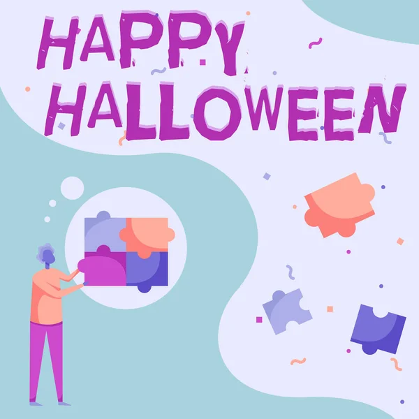 Szöveg felirat bemutatása Boldog Halloweent. Internet Concept egy nap kapcsolatos ijesztő szempont, kísértetház, és egy cukorka Man Rajz álló Fűrész Négy puzzle darabok. — Stock Fotó