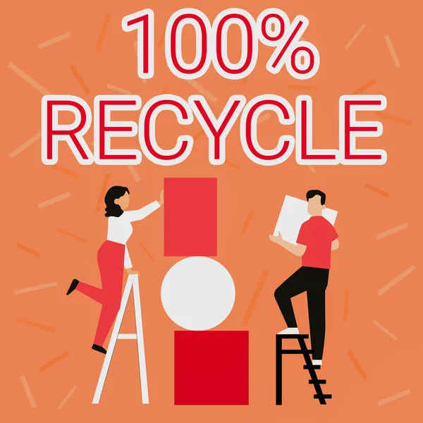 Inspiración mostrando signo 100 por ciento Reciclar. Concepto que significa Conjunto de Dibujo de Pareja Reciclable Biodegradable, Libre de BPA y Compostable Usando Escalera Colocando Grandes Marcos de Imágenes Vacías a una Pared. —  Fotos de Stock