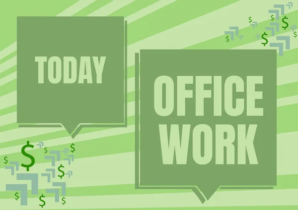 Textzeichen mit Office Work. Wort für eine Arbeit, die vor allem im Büroumfeld stattfindet Zwei bunte überlappende Sprechblasen zeichnen mit Dollarzeichen. — Stockfoto