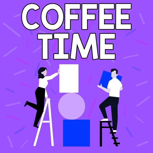 Tekst met inspiratie Koffie Tijd. Concept betekent een gekozen periode waarin een kopje koffie wordt geserveerd en gedronken Paar tekenen met behulp van Ladder Plaatsing Big Empty Picture Frames To A Wall. — Stockfoto