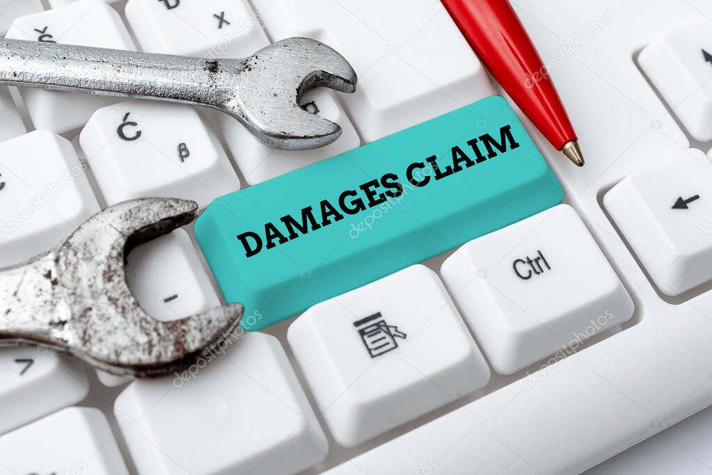Writing displaying text Damages Claim. Concept meaning Demand Compensation Litigate Insurance File Suit Writing Comments On A Social Media Post, Typing Interesting New Article