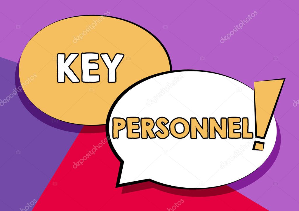 Writing displaying text Key Personnel. Business approach Program Directors Principal Investigator Project Executives Two Colorful Overlapping Speech Bubble Drawing With Exclamation Mark.