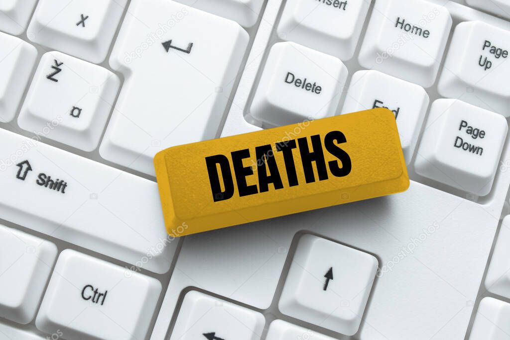 Text sign showing Deaths. Concept meaning permanent cessation of all vital signs, instance of dying individual Typing Employment Agreement Sample, Transcribing Online Talk Show Audio