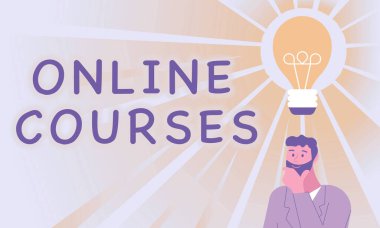 Çevrimiçi Kursları sunan metin başlığı. İş konsepti, resmi eğitimi kökten değiştiriyor. İnternette 