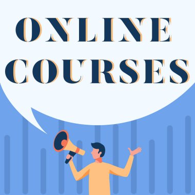 El yazısı işareti Online Kurslar. Resmi Eğitimde devrim niteliğinde bir sözcük İnternet Adamının Büyük Konuşma Baloncuğu Gösterme Mesajı ile Megafon Çizerek Öğrenmesi.