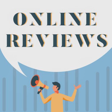 Çevrimiçi Değerlendirmeleri gösteren bir tabela. İş yaklaşımı değerlendirmesi Müşteri geribildirim yayınları Man Holding Megaphone sitesinde Büyük Konuşma Baloncuğu Gösterme Mesajı ile.