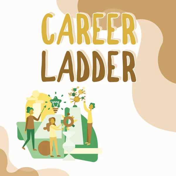 Tekenen met Carrière Ladder. Word Written on Job Promotion Professional Progress Upward Mobility Achiever Drie Collagues Illustratie Samen handwerk beoefenen. — Stockfoto