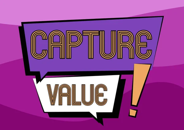 Tekenen met Capture Value. Conceptuele foto Klantrelatie Tevreden Behoeften Brand Strength Retention Twee kleurrijke Overlapping Dialoog Doos Tekenen met uitroepteken. — Stockfoto