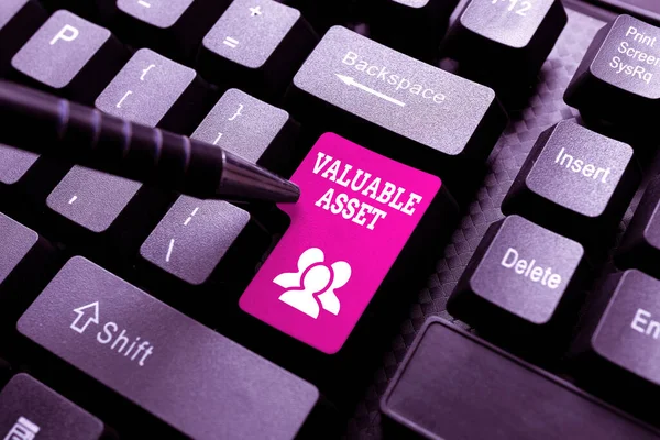 Text sign showing Valuable Asset. Business approach Your most valuable asset is your ability or capacity Creating Computer Programming Services, Typing New Worksheet Data — Stock Photo, Image
