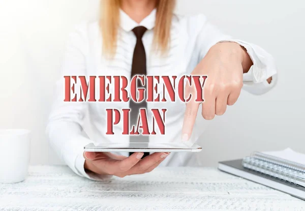 Writing displaying text Emergency Plan. Concept meaning Procedures for response to major emergencies Be prepared Developer Discussing Gadget Upgrade, Presenting Technical Specs — Stockfoto