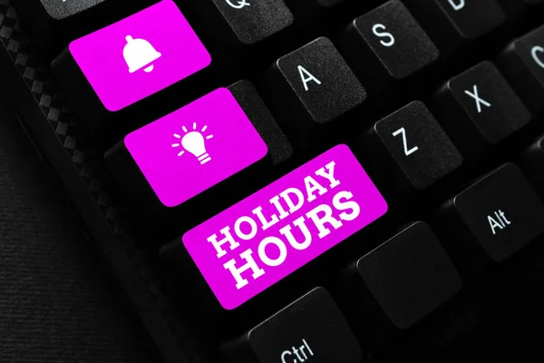 Text showing inspiration Holiday Hours. Internet Concept Schedule 24 or7 Half Day Today Last Minute Late Closing Typing Character Background Story, Creating New Social Media Account — Stock Photo, Image