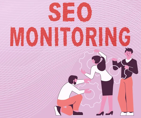 Légende conceptuelle Seo Monitoring. Concept d'entreprise Suivi des progrès de la stratégie réalisée dans la plateforme Illustration d'un groupe détenant un engrenage droit Aider chacun pour son travail. — Photo