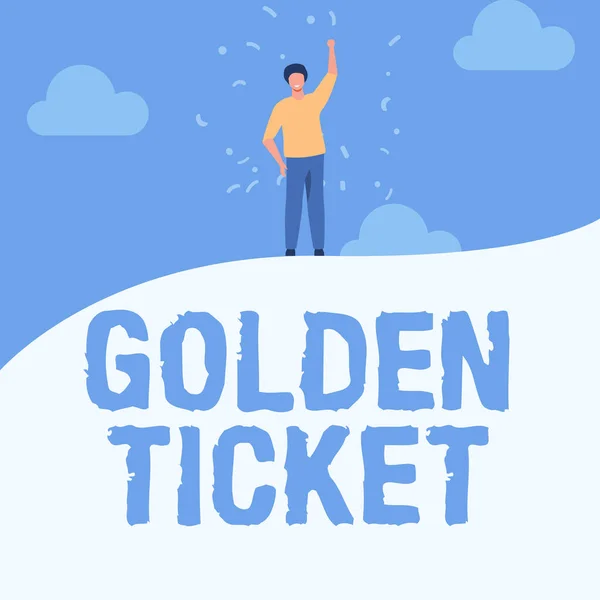 Text caption presenting Golden Ticket. Conceptual photo Rain Check Access VIP Passport Box Office Seat Event Man Drawing Raising Hand Sky Standing Hill Showing Success. — Fotografia de Stock