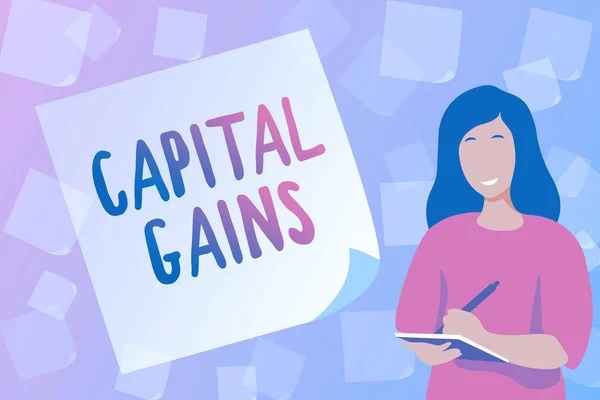 Conceptual caption Capital Gains. Word for Bonds Shares Stocks Profit Income Tax Investment Funds Typing New Student Workbooks, Creating And Publishing Online Ebook — Stockfoto