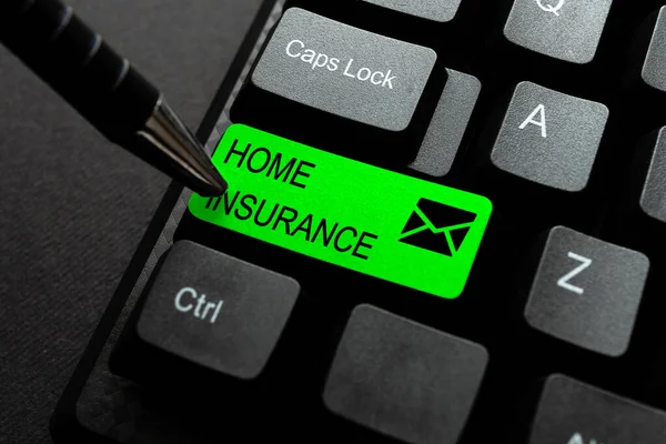 Writing displaying text Home Insurance. Conceptual photo Covers looses and damages and on accidents in the house Practicing Speed Typing Accuracy, Testing Typewriting Knowledge — Stock Photo, Image