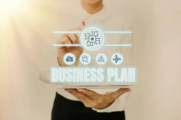 Conceptual display Business Plan. Word Written on Structural Strategy Goals and Objectives Financial Projections Lady In Uniform Standing Holding Tablet Typing Futuristic Technologies. — Fotografia de Stock