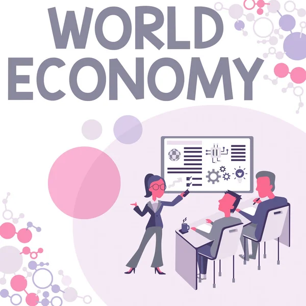 Conceptual caption World Economy. Business showcase Global Worldwide International markets trade money exchange Presenting Project Report Concept, Reporting Business Status — Foto Stock