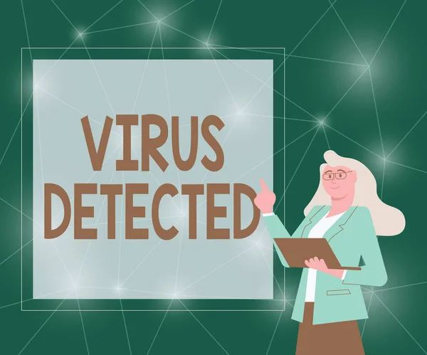 Text sign showing Virus Detected. Conceptual photo A computer program used to prevent and remove malware Illustration Of Businesswoman Standing Holding Her Laptop Presenting Ideas. — Stockfoto