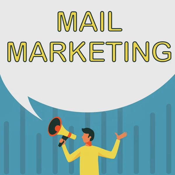 Text showing inspiration Mail Marketing. Business approach Act of sending a commercial messages Broadcast sense Man Drawing Holding Megaphone With Big Speech Bubble Showing Message. — 图库照片
