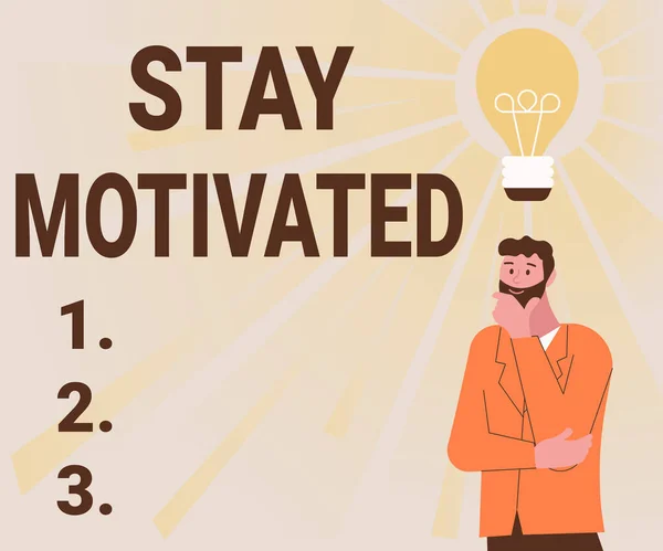 Τίτλος κειμένου που παρουσιάζει το Stay Motivated. Επισκόπηση επιχειρήσεων Επιβραβεύστε τον εαυτό σας κάθε φορά που φτάνετε σε ένα στόχο με γνώση Εικονογράφηση ενός άνδρα που έρχεται με νέες καταπληκτικές ιδέες. — Φωτογραφία Αρχείου